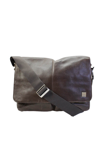 KNOMO London Womens Leather Zippered Compartment Messenger Bag Brown