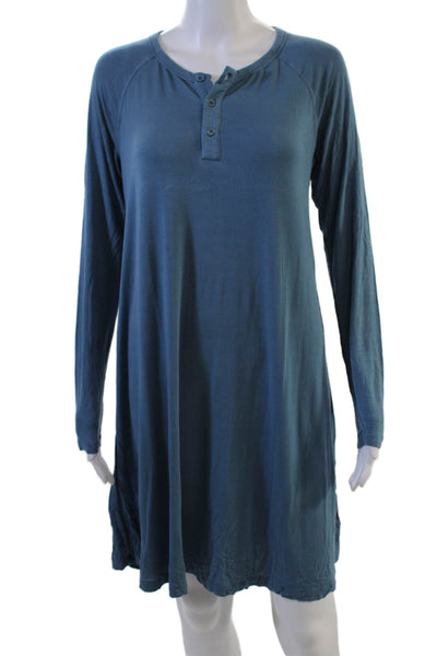 Lake Women Shirt Dress Long Sleeve Blue Knee Length Button Round Neck Size XS