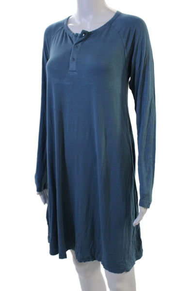 Lake Women Shirt Dress Long Sleeve Blue Knee Length Button Round Neck Size XS