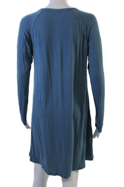 Lake Women Shirt Dress Long Sleeve Blue Knee Length Button Round Neck Size XS