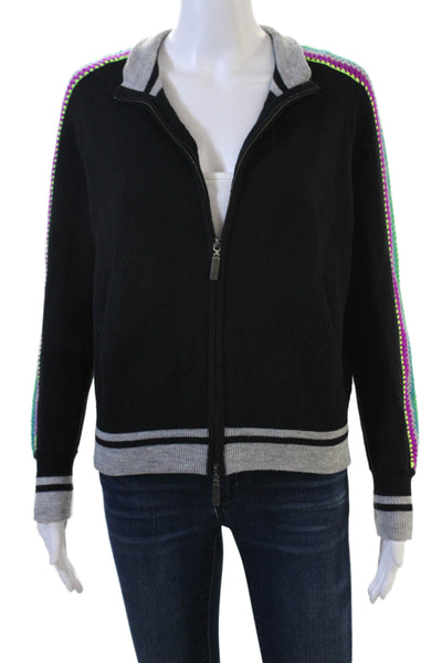 Lisa Todd Women Black Striped Full-Zip Sweatshirts Collared Long Sleeve Size XS