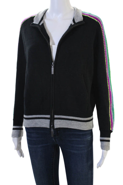 Lisa Todd Women Black Striped Full-Zip Sweatshirts Collared Long Sleeve Size XS