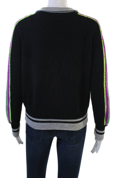 Lisa Todd Women Black Striped Full-Zip Sweatshirts Collared Long Sleeve Size XS