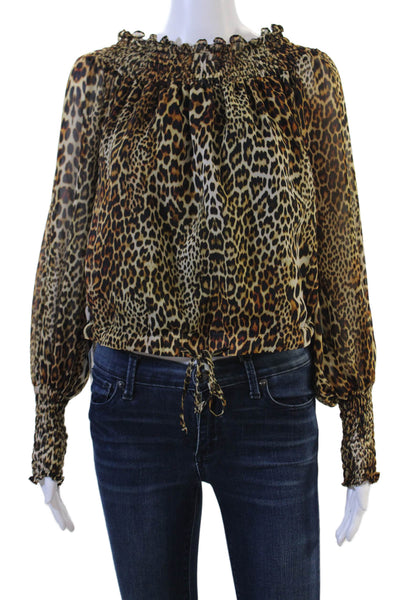 Lola & Sophie Women Beige Animal Print Long Sleeve Drawstring Blouse Size XS