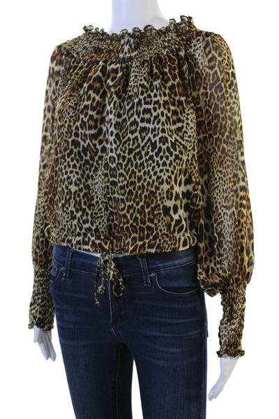 Lola & Sophie Women Beige Animal Print Long Sleeve Drawstring Blouse Size XS