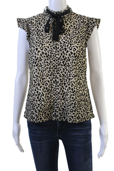 Allen Schwartz Women Beige Animal Print High Neck Blouse Petites Tie SS Size XS