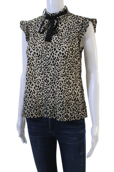Allen Schwartz Women Beige Animal Print High Neck Blouse Petites Tie SS Size XS