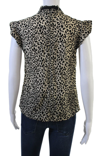 Allen Schwartz Women Beige Animal Print High Neck Blouse Petites Tie SS Size XS