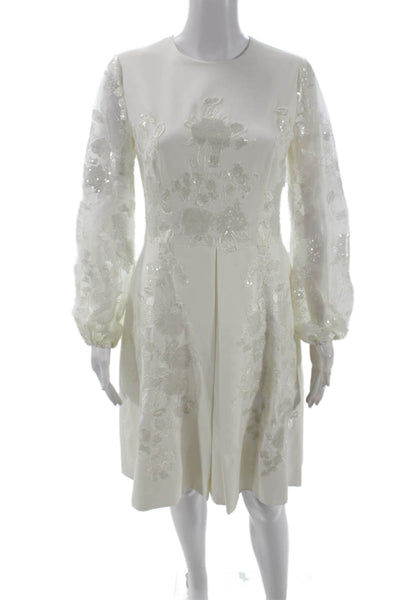 Miri Womens A-Line Shift White Silk Floral Wedding Dress Long Sleeve Zip Size 2