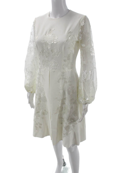 Miri Womens A-Line Shift White Silk Floral Wedding Dress Long Sleeve Zip Size 2