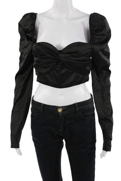 NBD Women Cropped Black Square Neck Long Sleeve Blouse Gothic Button Size S