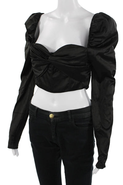 NBD Women Cropped Black Square Neck Long Sleeve Blouse Gothic Button Size S