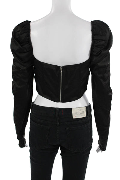 NBD Women Cropped Black Square Neck Long Sleeve Blouse Gothic Button Size S