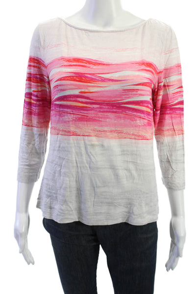 St. John Women Silk Basic T-Shirt 3/4 Sleeve Round Neck White Art Size S