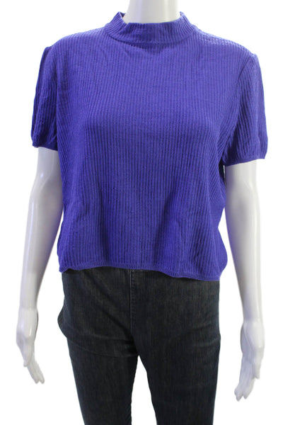 St. John Women Mock Neck Short Sleeve Purple Wool Blend Top Zip Size M