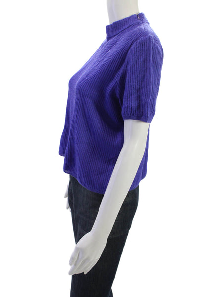 St. John Women Mock Neck Short Sleeve Purple Wool Blend Top Zip Size M