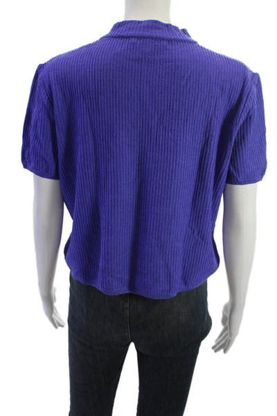 St. John Women Mock Neck Short Sleeve Purple Wool Blend Top Zip Size M