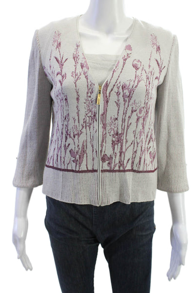 St. John Sport Women Beige Floral Full Zip Cardigan 3/4 Sleeve Size PP