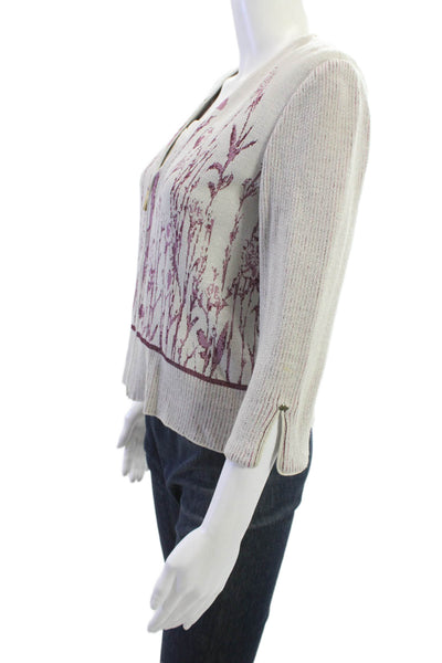 St. John Sport Women Beige Floral Full Zip Cardigan 3/4 Sleeve Size PP