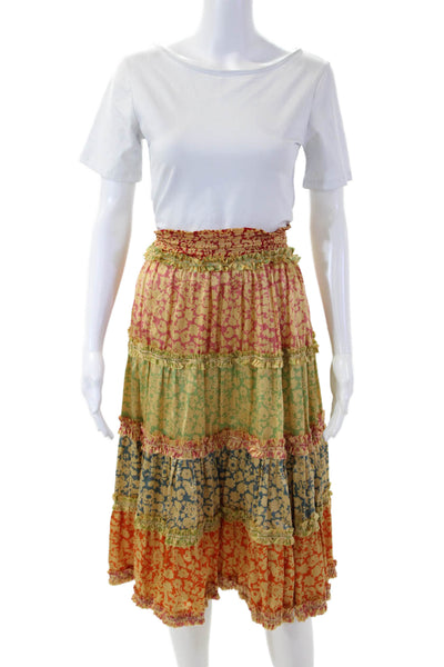 Poupette St. Barth Women Peasant Floral Silk Skirt Green Knee Length Size 2