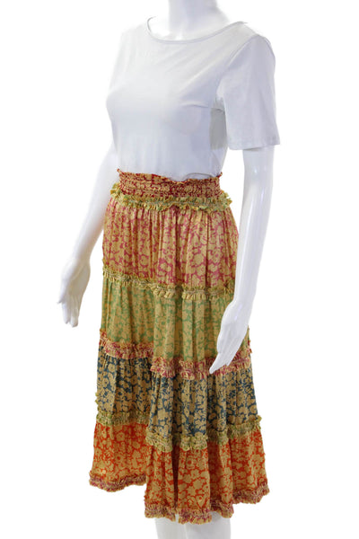 Poupette St. Barth Women Peasant Floral Silk Skirt Green Knee Length Size 2