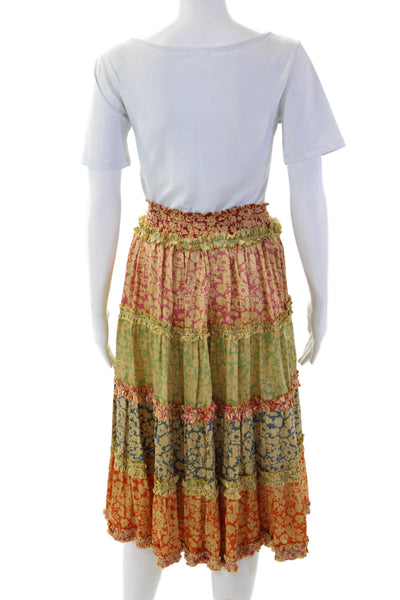Poupette St. Barth Women Peasant Floral Silk Skirt Green Knee Length Size 2