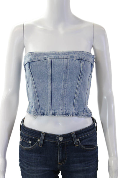 Zara Women Cropped Strapless Light Blue Cotton Blend 90s Top Size M