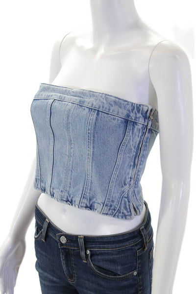 Zara Women Cropped Strapless Light Blue Cotton Blend 90s Top Size M