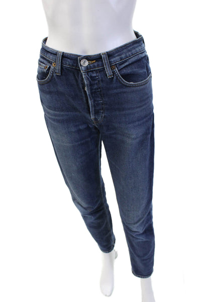 Re/Done Womens Ankle Cropped Straight Jeans Dark Blue Mid Rise Size 25