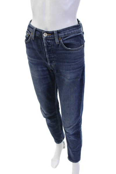 Re/Done Womens Ankle Cropped Straight Jeans Dark Blue Mid Rise Size 25