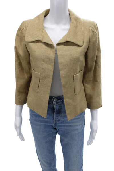Oscar de la Renta Womens Silk Collared 3/4 Sleeve Beige Jacket Size 8