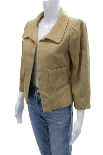 Oscar de la Renta Womens Silk Collared 3/4 Sleeve Beige Jacket Size 8