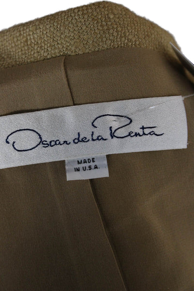 Oscar de la Renta Womens Silk Collared 3/4 Sleeve Beige Jacket Size 8