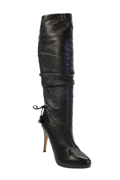 Brian Atwood Womens Leather Lace Up Platform Knee High Boots Black Size 7.5
