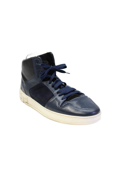Versace Mens Leather High Top Lace Up Sneakers Navy Blue Size 43.5