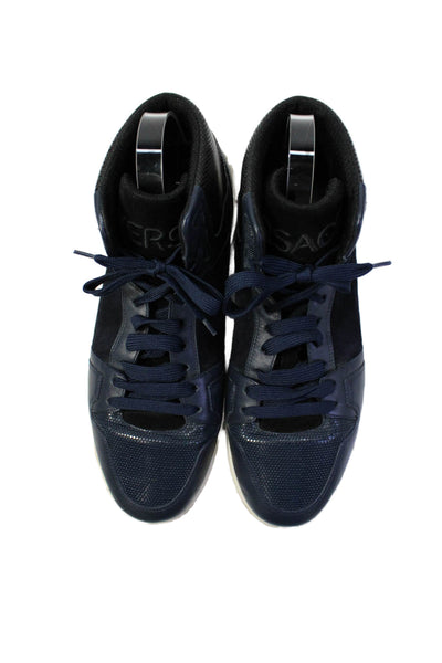 Versace Mens Leather High Top Lace Up Sneakers Navy Blue Size 43.5