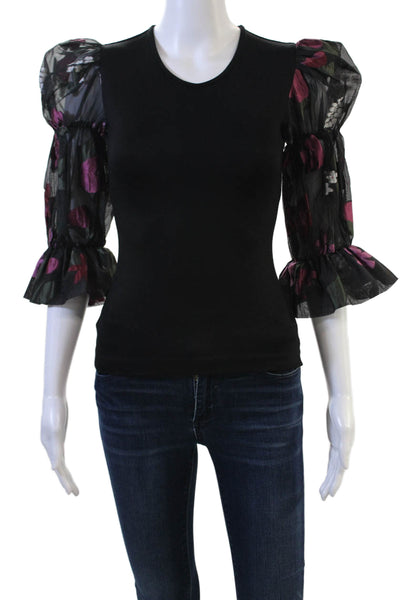 Amanda Uprichard Women Black Floral Round Neck 3/4 Sleeve Blouse Size XS