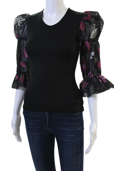 Amanda Uprichard Women Black Floral Round Neck 3/4 Sleeve Blouse Size XS