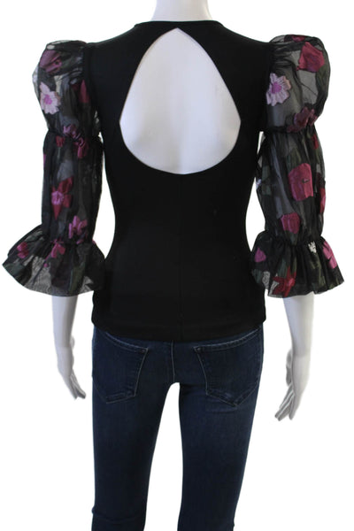Amanda Uprichard Women Black Floral Round Neck 3/4 Sleeve Blouse Size XS