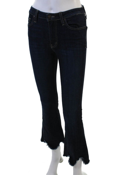 L.T.J Denim Women Cropped Flared Jeans Dark Blue Mid Rise Button Petite Size 24
