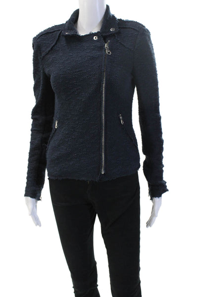Rebecca Taylor Women Biker Jacket Dark Blue Button Collared Long Sleeve Size 2