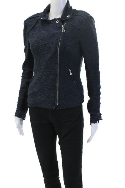 Rebecca Taylor Women Biker Jacket Dark Blue Button Collared Long Sleeve Size 2