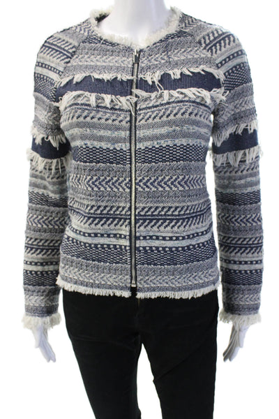 Club Monaco Women Blue Geometric Bohemian Zip Jacket Long Sleeve Size 2