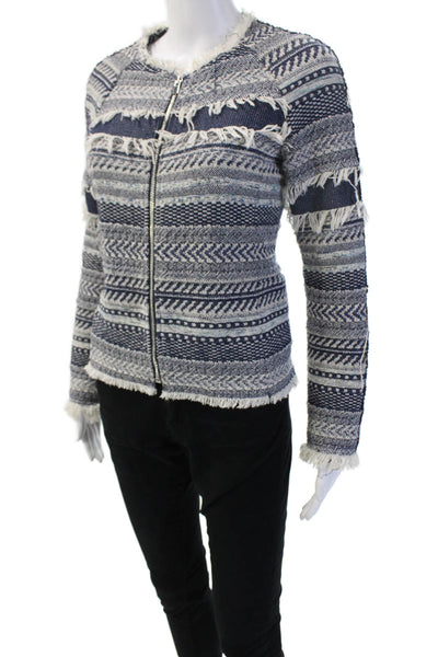 Club Monaco Women Blue Geometric Bohemian Zip Jacket Long Sleeve Size 2