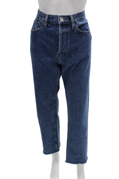 Re/Done Unisex Cropped Straight Jeans Dark Blue High Rise Button Size 28