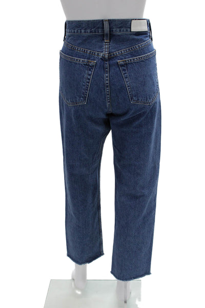 Re/Done Unisex Cropped Straight Jeans Dark Blue High Rise Button Size 28