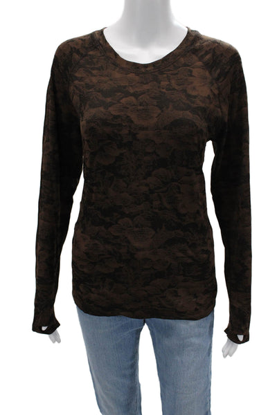 Athleta Womens Brown Floral Long Sleeve Basic T-Shirt Size XL