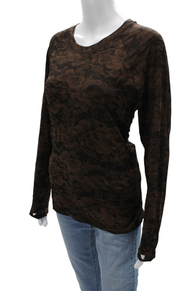 Athleta Womens Brown Floral Long Sleeve Basic T-Shirt Size XL