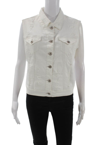 Mavi Jeans Women White Denim Collared Button Sleeveless Vest Classic Size S