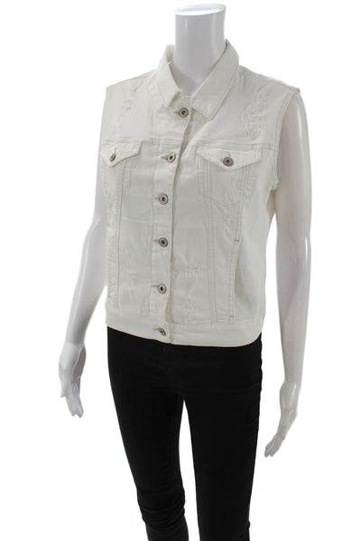 Mavi Jeans Women White Denim Collared Button Sleeveless Vest Classic Size S